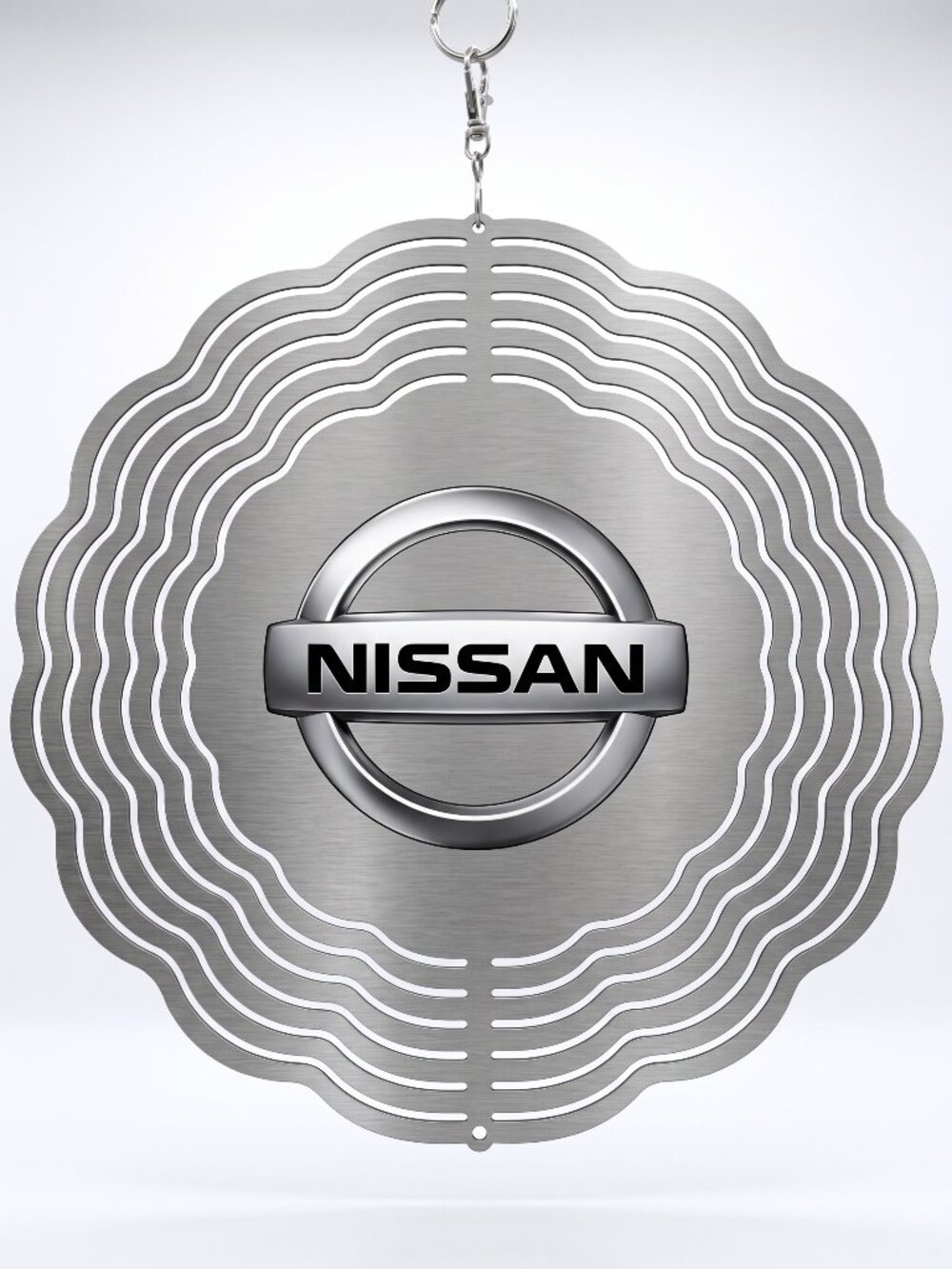 10" Nissan Logo Kinetic Wind Spinner - Silver Metal Hanging Yard Decor